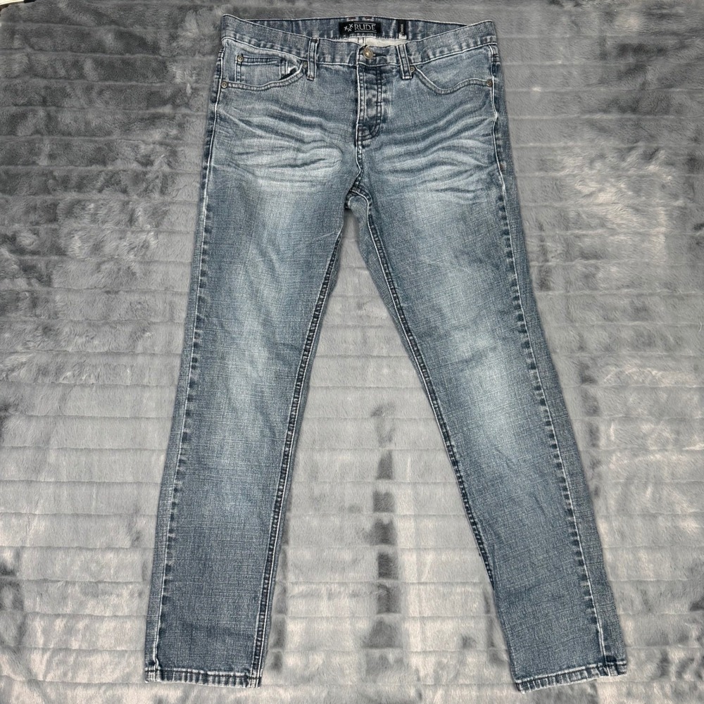 Rude Mens Skinny Jeans 32 Medium Wash Blue Denim HTM1816-14 Whiskered Stretch